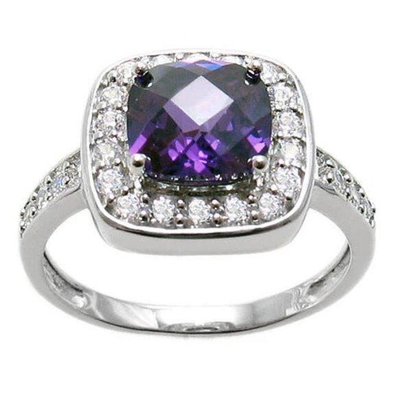 EXQUISITE SQUARE CUT AMETHYST PURPLE COLORED CZ COCKTAIL RING IN STERLING SILVER - Picture 2 of 3